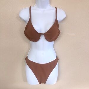 Zaful Chestnut Texturized Underwire Strappy Tie back High Cut Bikini Set Size M